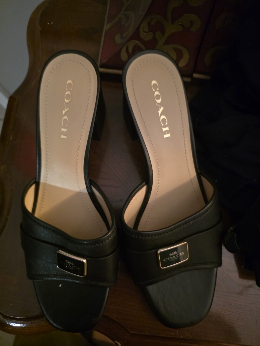 COACH Black Leather Logo Plaque Slide Mules